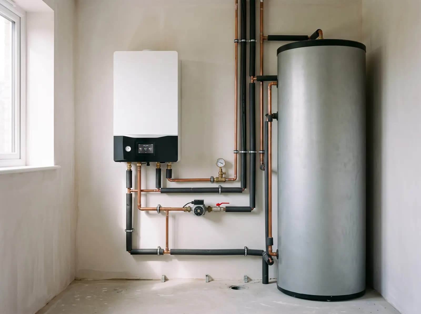 Wall-mounted hydrobox module next to an existing hot water cylinder in a utility room