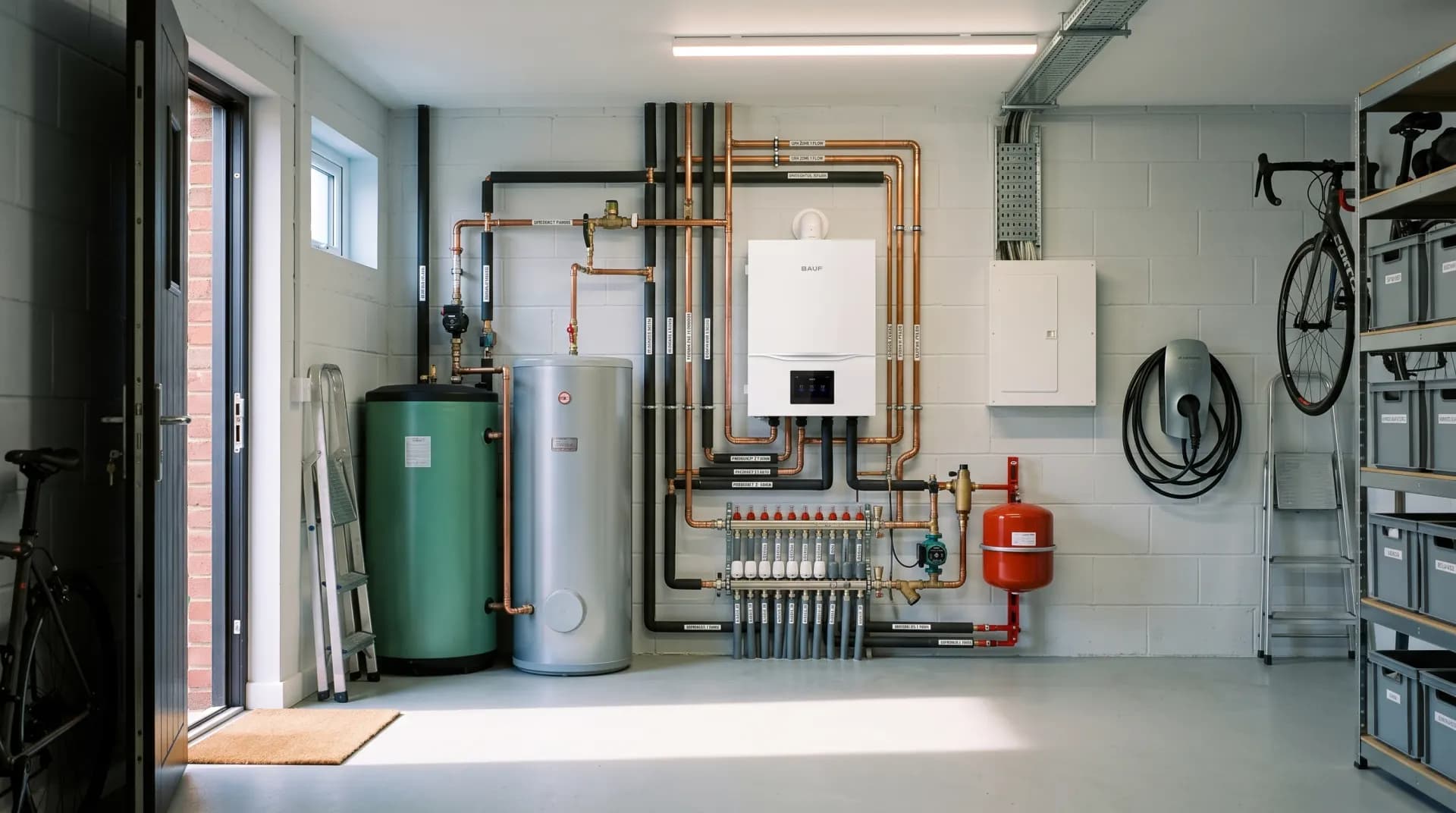Heat pump plant room with buffer tank, cylinder, manifold, safety group and electrical connections