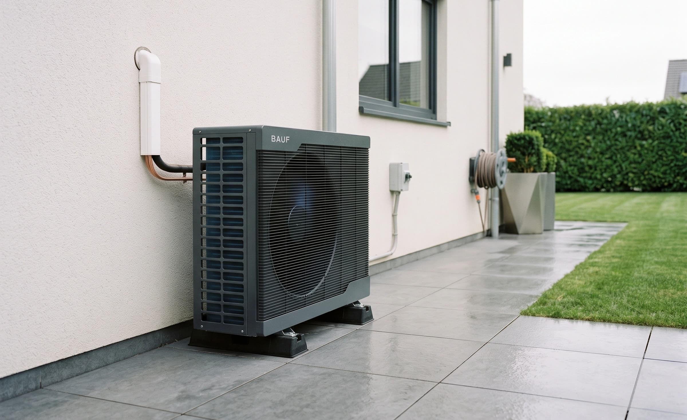 Sauer split heat pump outdoor compressor unit standing beside a house